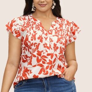 Floral Print Notched Collar Pleated Blouse